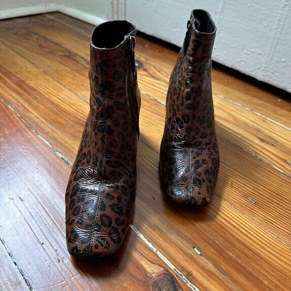 Bruno Premi Leather Animal Print Booties Block Heel Side Zipper Size 37 - Picture 2 of 14